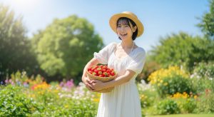 \<img src="h3\_matome.jpg" alt="白いミニワンピース姿の若い日本人女性が、収穫したいちごが入ったカゴを持って嬉しそうに笑っている全身の様子。"\>