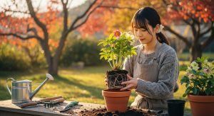 \<img src="h3\_04\_repotting.jpg" alt="クリスマスローズの鉢を新しい土に植え替えている日本人女性"\>
