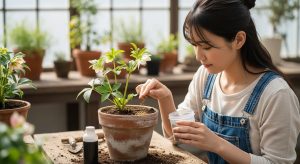 \<img src="h3\_05\_fertilizer.jpg" alt="クリスマスローズの鉢に固形肥料（置き肥）を与えている日本人女性"\>