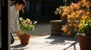 \<img src="h3\_06\_sunlight.jpg" alt="クリスマスローズの鉢植えを日当たりの良い場所へ移動させる日本人女性"\>
