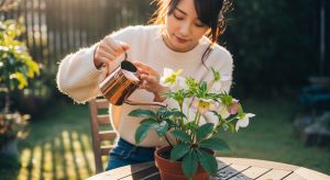 \<img src="h3\_07\_watering.jpg" alt="晴れた午前中にクリスマスローズへジョウロで水やりをする日本人女性"\>
