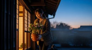 \<img src="h3\_08\_frost.jpg" alt="霜よけのためにクリスマスローズの鉢を軒下へ移動させる日本人女性"\>