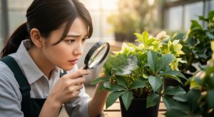 \<img src="h3\_09\_disease.jpg" alt="クリスマスローズの葉を虫眼鏡で注意深く観察し病害虫をチェックする日本人女性"\>
