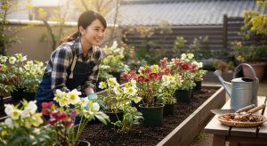 \<img src="h3\_10\_summary.jpg" alt="11月の手入れを終えたクリスマスローズを満足そうに眺める日本人女性"\>