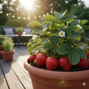 太陽の光を浴びるプランターで、赤い実をつけた健康ないちごの株