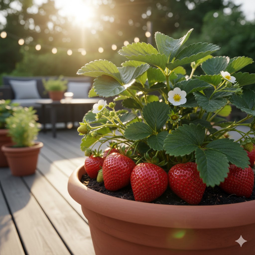 太陽の光を浴びるプランターで、赤い実をつけた健康ないちごの株