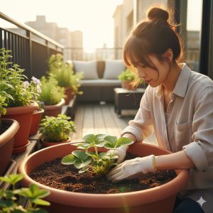 日本人女性がベランダのプランターにいちごの苗を植え付けている様子。