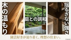木の温もりと庭との調和を大切にした園芸好き理想のシャーウッド外観イメージ