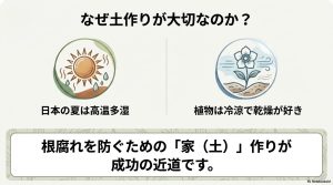 日本の高温多湿な夏とクリスマスローズが好む冷涼乾燥な環境を比較した解説図