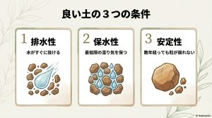 土壌の排水性、保水性、粒の安定性を示す3つのイメージ図
