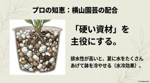 鉢内の排水性を高めることで夏に水を流し込み、鉢内を冷やす水冷効果の解説図