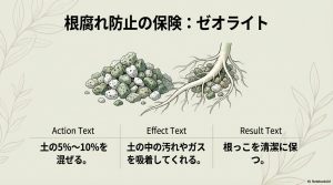 土に混ぜたゼオライトが汚れやガスを吸着し、根を清潔に保つ仕組みの図解