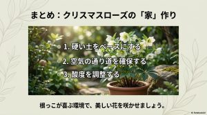 硬い土、空気の通り道、酸度調整の3要素をまとめたクリスマスローズ栽培の指針