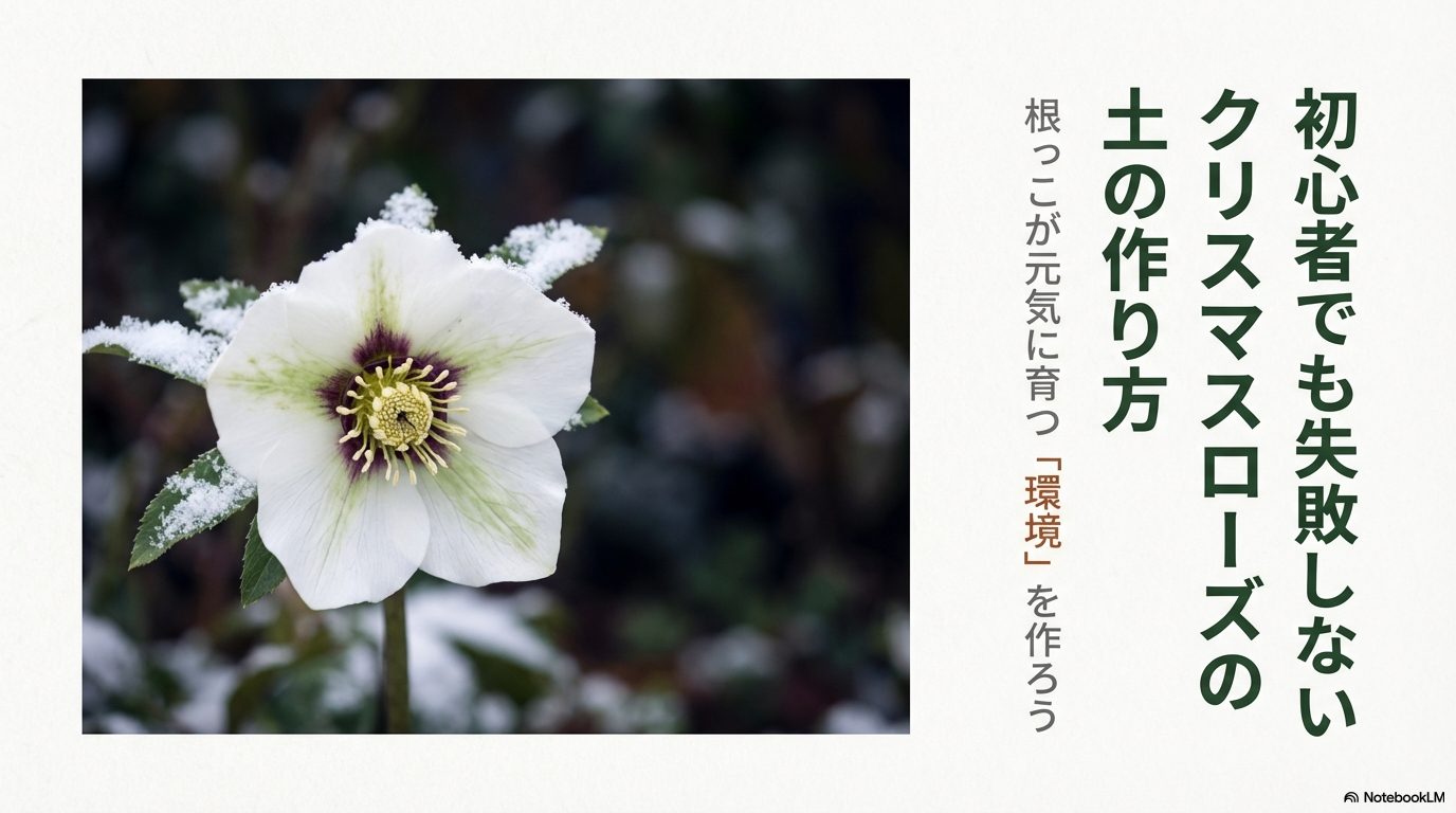 雪の中のクリスマスローズと「初心者でも失敗しない土の作り方」のタイトル画像