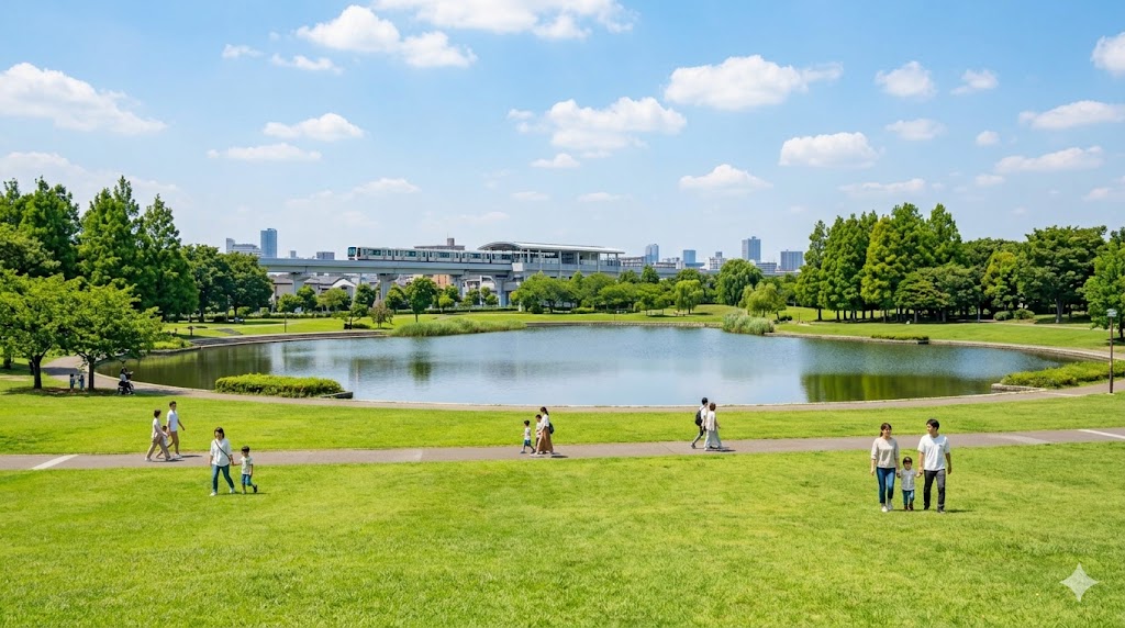 澄み渡る青空の下、広大な緑が広がる舎人公園で、散策やピクニックを楽しむ人々の様子。