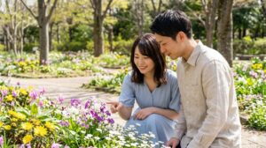 春の舎人公園野草園で、咲き誇る色とりどりの野草を笑顔で見つめる日本人カップル。都会の喧騒を離れた、静かで癒やされる空間。
