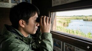 舎人公園自然観察園の観察窓から、湿地に集まる野鳥を熱心に双眼鏡で観察する日本人男性。野生動物の保護区としての静かな雰囲気。