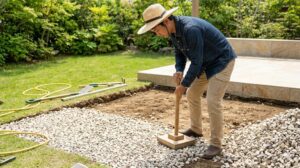 庭の下地作りで、日本人の男性が人力転圧器「タコ」を使って砕石をドンドンと固める様子。掘削された地面と転圧作業に集中する。