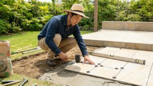 の下地作りで、日本人の男性が人力転圧器「タコ」を使って砕石をドンドンと固める様子。掘削された地面と転圧作業に集中する。
