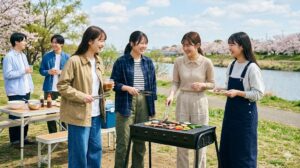 2026年のトレンドファッションに身を包み、河原でバーベキューを楽しむ女子大学生と仲間たちの集合写真。笑顔で肉を焼く姿や、楽しそうに会話する様子が明るく描かれている。