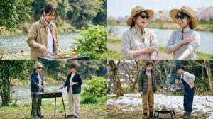 バーベキューでの春夏秋冬の服装例。上段左は春の寒暖差対策、上段右は夏の猛暑と日焼け対策、下段左は秋の防寒対策、下段右は冬の徹底防寒対策を、それぞれ同じ女子大学生たちが実践している。