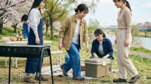 バーベキューでの女子大学生の理想的な服装。濃いカーキ色のコットンジャケット、ワイドパンツ、安定したアウトドアシューズを着用し、機能性と可愛さを兼ね備えたスタイル。