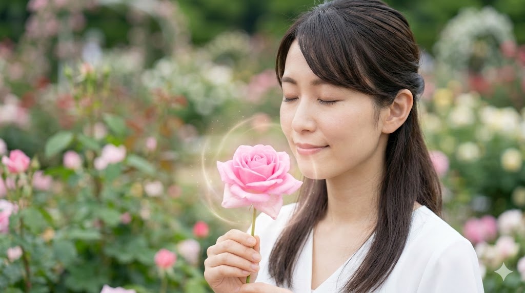 薔薇の香りを嗅ぎ、その高い周波数に共鳴して心が癒やされている日本人女性。薔薇から放たれる微細なエネルギーを視覚的に表現。
