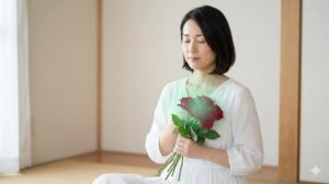 深い赤色の薔薇を胸に当て、第四チャクラ(ハートチャクラ)を開き、無条件の愛を受け入れている日本人女性。