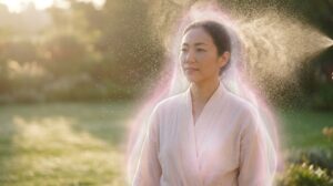 ローズウォーターのミストを浴び、オーラ(エネルギーフィールド)を浄化している日本人女性。目に見えない愛のプロテクターを表現。