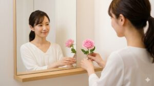 鏡の横に一輪のピンクの薔薇を飾り、自分自身を大切に扱うことで自己肯定感を高めている日本人女性。