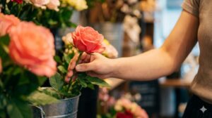 直感に従い、人生の転換期にふさわしい高い波動を持つ薔薇を自分のために選んでいる日本人女性。