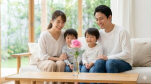 リビングで一輪のピンクの薔薇を囲み、愛と調和に満ちた幸せな時間を過ごす日本人家族