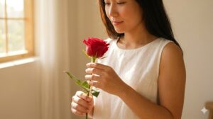 一輪の赤い薔薇を見つめ、その高い波動と共鳴して自己肯定感を高めている日本人女性。