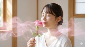 薔薇の香りを深く吸い込み、その浄化作用によって心身を癒やし、オーラをクリーニングする日本人女性。