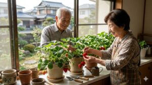 陽光が差し込む窓辺で、日本人の老夫婦が室内用のLEDライト（育成ライト）の下、水耕栽培システムでいちごを育てている様子。透明な容器には液体肥料の入った水と、スポンジに支えられた元気な根と緑色の葉を持ついちごの苗が見える