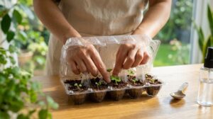 日本人の女性が、100均で入手できるような一般的な透明卵パックを再利用して作ったミニ温室でいちごの苗を育てている様子。パックの中には小さな土のポットと、芽吹いたばかりの元気な葉を持ついちごの苗が見える。透明な蓋には水滴が付いている。