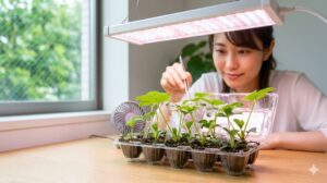 陽光が差し込む窓辺で、日本人の男性が育苗トレイにまいたいちごの種に霧吹きで水をやっている様子。トレイの下には水の張ったトレイがあり、底面給水も行われている。土の表面は清潔で、小さな種が光を浴びている。