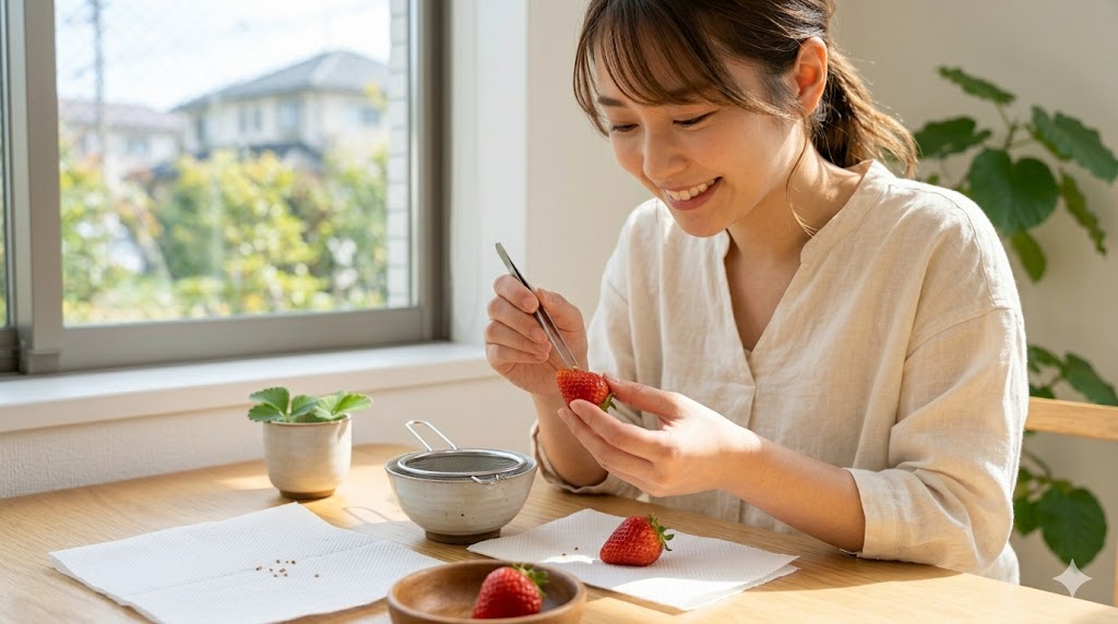 陽光が差し込む窓辺で、日本人の女性がスーパーで購入したいちごの表面から、ピンセットを使って小さな種（実）を丁寧に採取している様子。隣には種を洗うための小さな茶越しと水を入れたボウル、清潔なペーパータオルが用意されている。