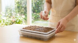 陽光が差し込む窓辺で、日本人の女性が育苗トレイにまいたいちごの種に霧吹きで水をやっている様子。トレイの下には水の張ったトレイがあり、底面給水も行われている。土の表面は清潔で、小さな種が光を浴びている。