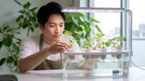 明るいキッチンカウンターで、日本人の男性が室内用のLEDライト（育成ライト）の下、水耕栽培システムでいちごを育てている様子。透明な容器には液体肥料の入った水と、スポンジに支えられた元気な根と緑色の葉を持ついちごの苗が見える。