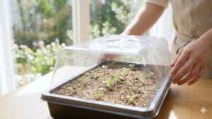 陽光が差し込む窓辺で、日本人の女性が育苗トレイにまいたいちごの種に霧吹きで水をやっている様子。トレイの下には水の張ったトレイがあり、底面給水も行われている。土の表面は清潔で、小さな種が光を浴びている。